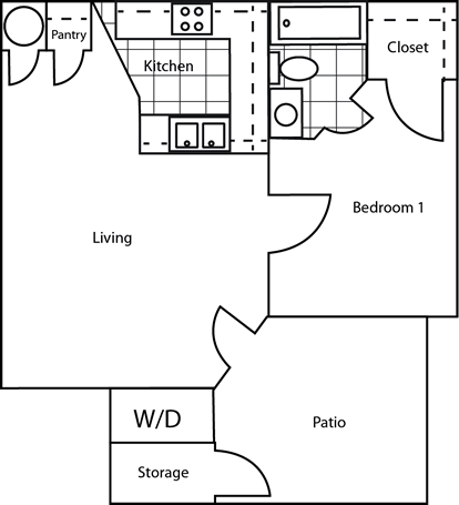 A floor plan of a house with a pantry, kitchen, closet, living room, bedroom, patio, and storage.